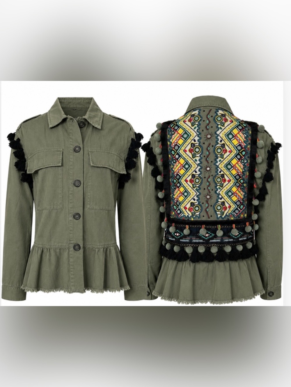 Zara Boho Embroidered Military Utility Jacket Tassel Pom Peplem Festival Chic XS